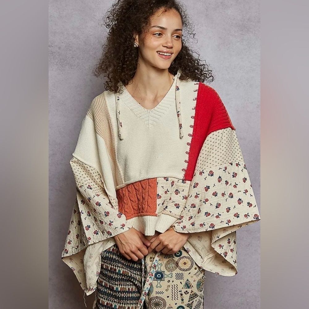 POL Boho Oversized Hooded Patchwork Poncho Pullover Top